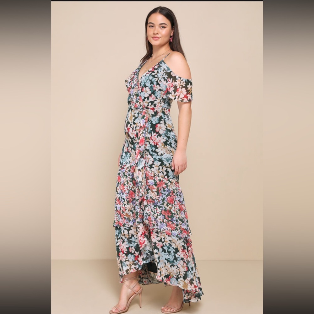 NWT Lulus Radiant Hunter Green Floral Print Chiffon Maxi Dress - Picture 2 of 12